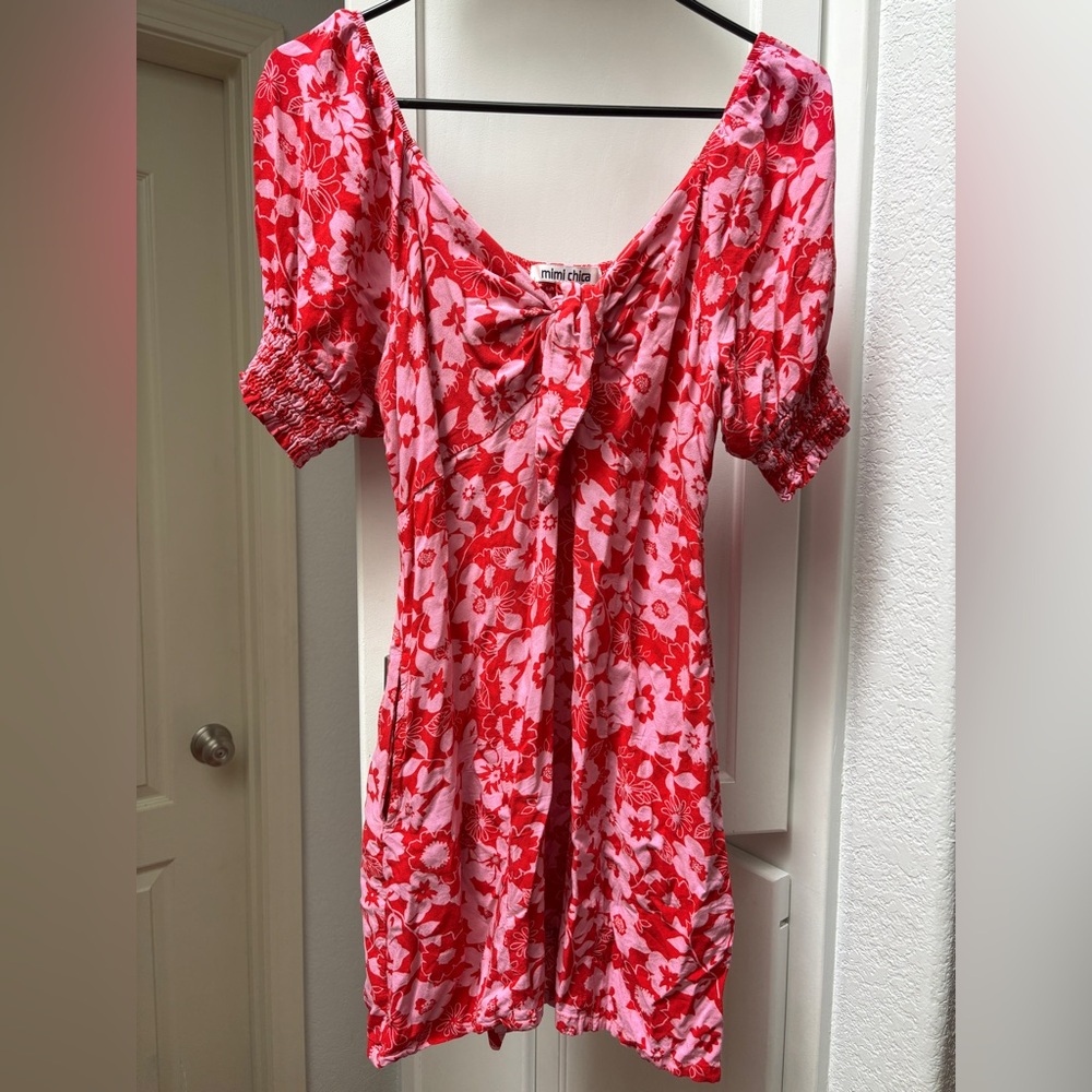 Mimi Chica Red Floral Babydoll Mini Dress Sz L Smocked Back Puff Sleeve Milkmaid